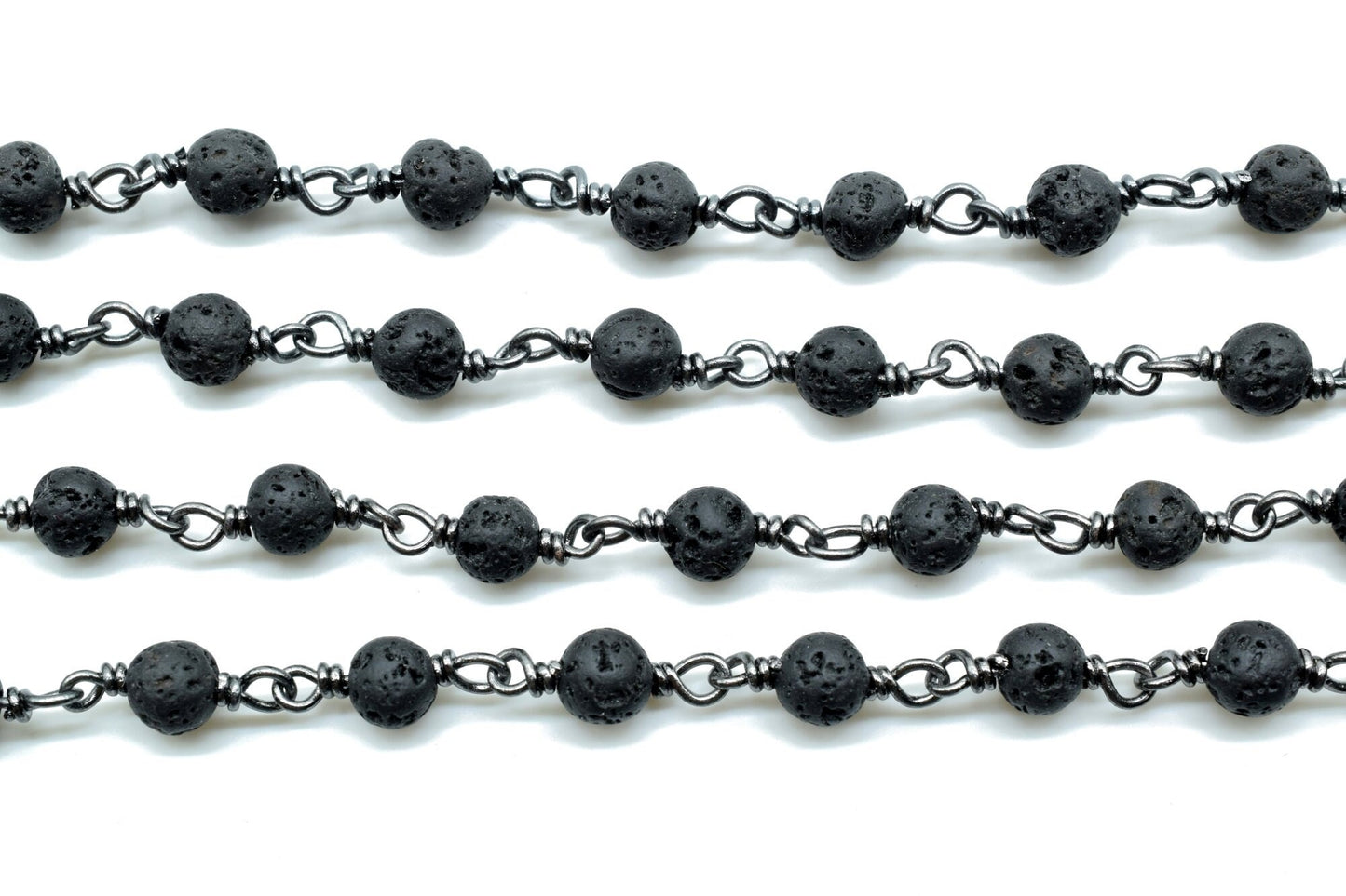 Black Lava Rock 4mm Round Beaded Wire Wrapped Black Polished Plated Chain -Beaded Chain,Black Lava Rosary Chain,Delicate Rosary Beaded Chain