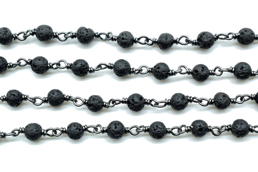 Black Lava Rock 4mm Round Beaded Wire Wrapped Black Polished Plated Chain -Beaded Chain,Black Lava Rosary Chain,Delicate Rosary Beaded Chain