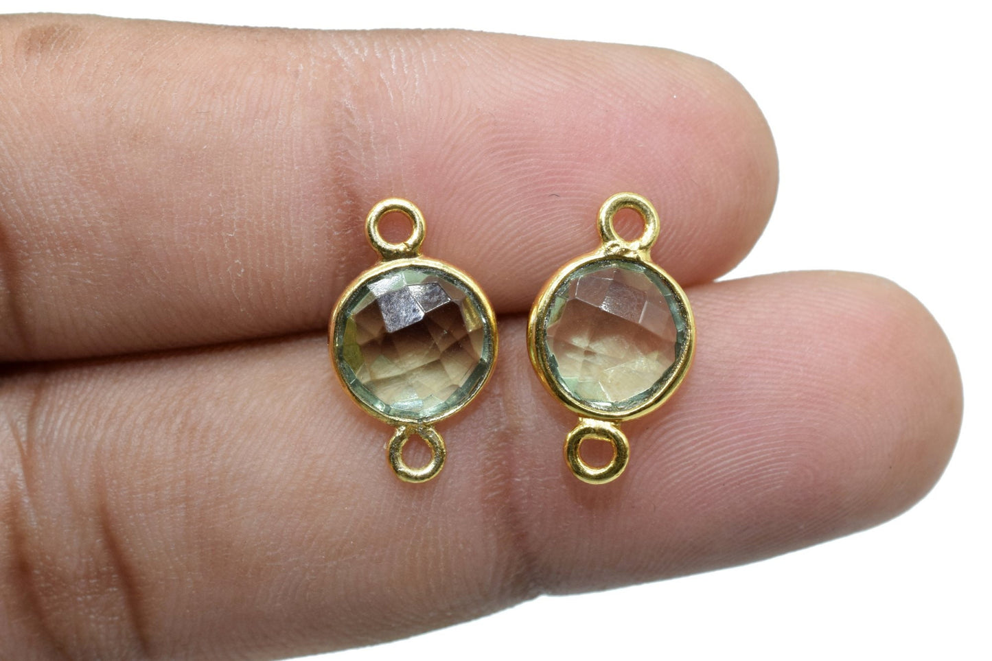 Natural Green Amethyst 8mm double loop connectors,Green Amethyst Pendant,Green Amethyst Round Gold Plated bezel,jewelry making charm, Brass