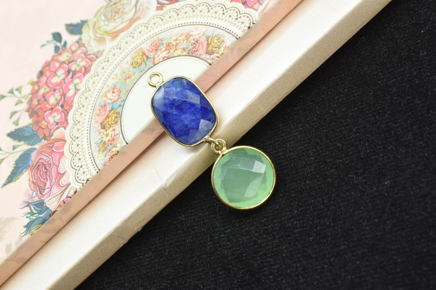 Blue Sapphire & Prehnite Connector,Handmade Pendant,Multi Stone Pendant Charms Necklace,Station Bezel Link,Gemstone Earring Connector,Gift