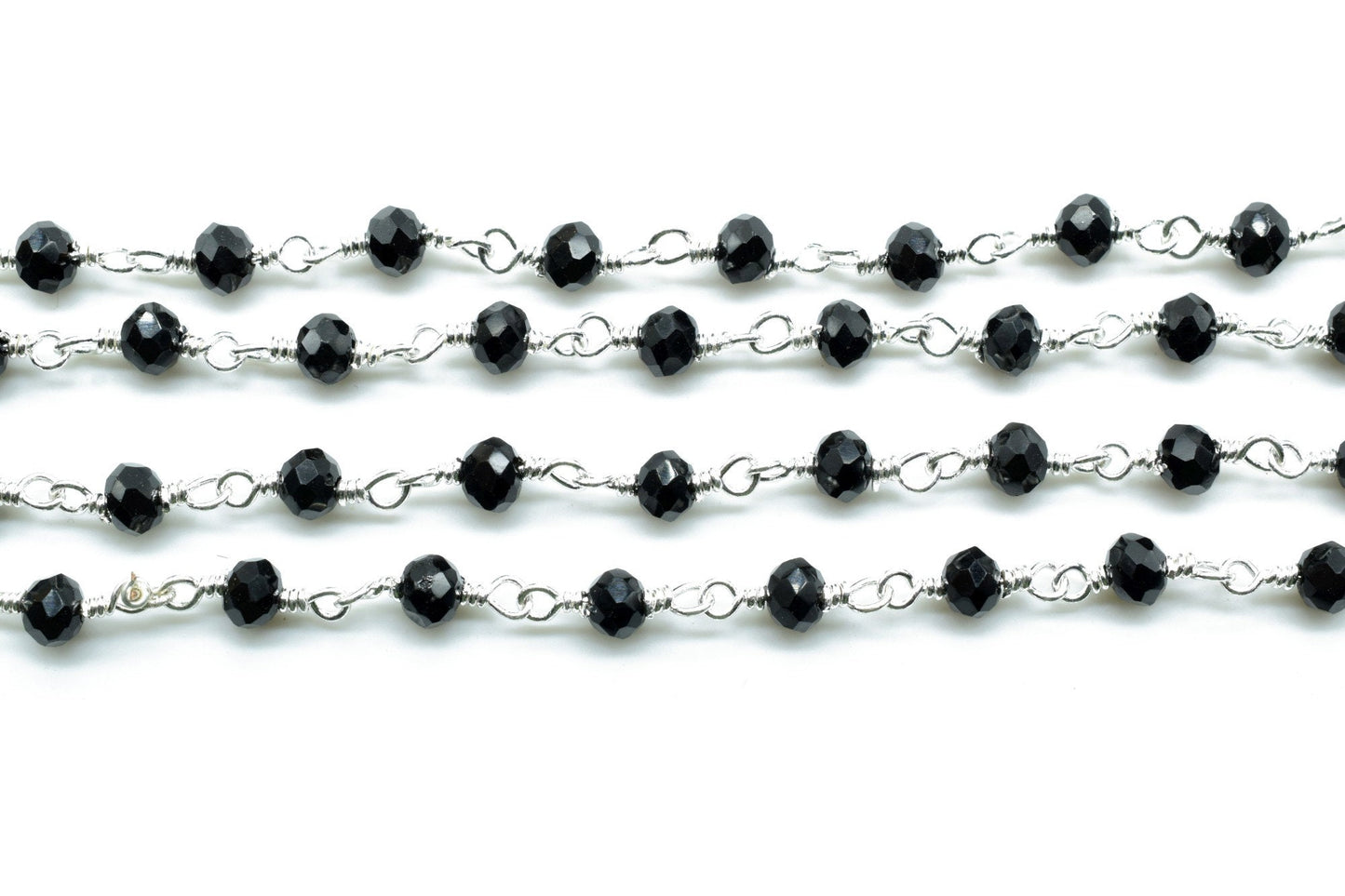 3-3.5 mm Black Onyx Silver Plated Rosary Chain,Black Onyx Faceted Beaded Chain,Wire Wrapped Silver Plated Chain,Black Onyx Bulk Rosary Roll