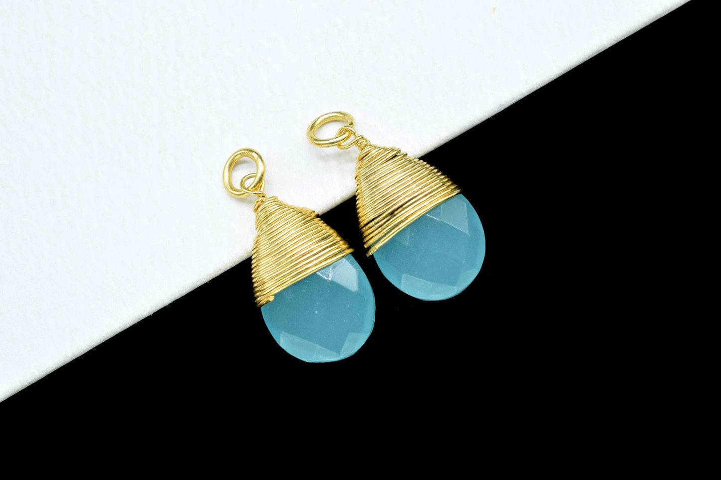Gemstone Aqua Chalcedony 10x18mm Teardrop Faceted Connector, Wire Wrapped Pendant, Aqua Wire Wrapped Necklace,Aqua Connector,Pendant Jewelry