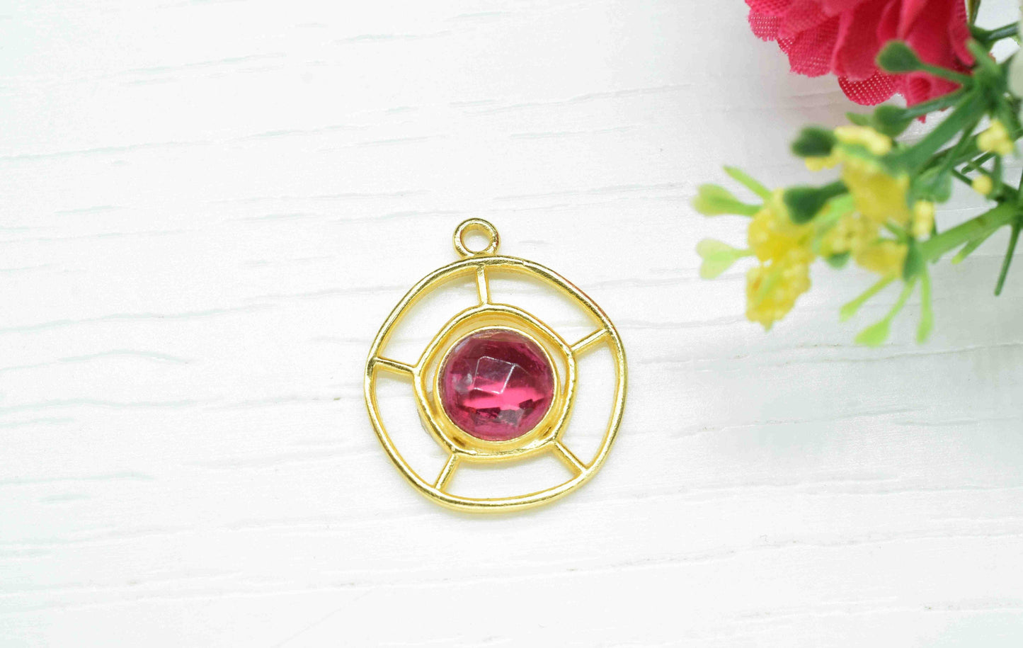 Pink Tourmaline  Gemstone Component , Single Bail Charm , Pink Tourmaline  Connector Pendant , Gold Plated Connectors , Earring Component