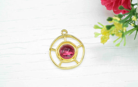 Pink Tourmaline  Gemstone Component , Single Bail Charm , Pink Tourmaline  Connector Pendant , Gold Plated Connectors , Earring Component
