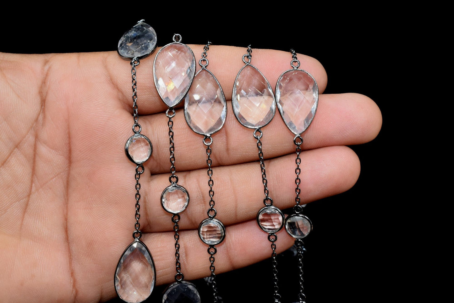 Crystal Bezel link Chain I Handmade Bezel Link Chain,Clear Quartz black rhodium Bezel Chain IBrass Chain,Gemstone Connector Chain Per Foot