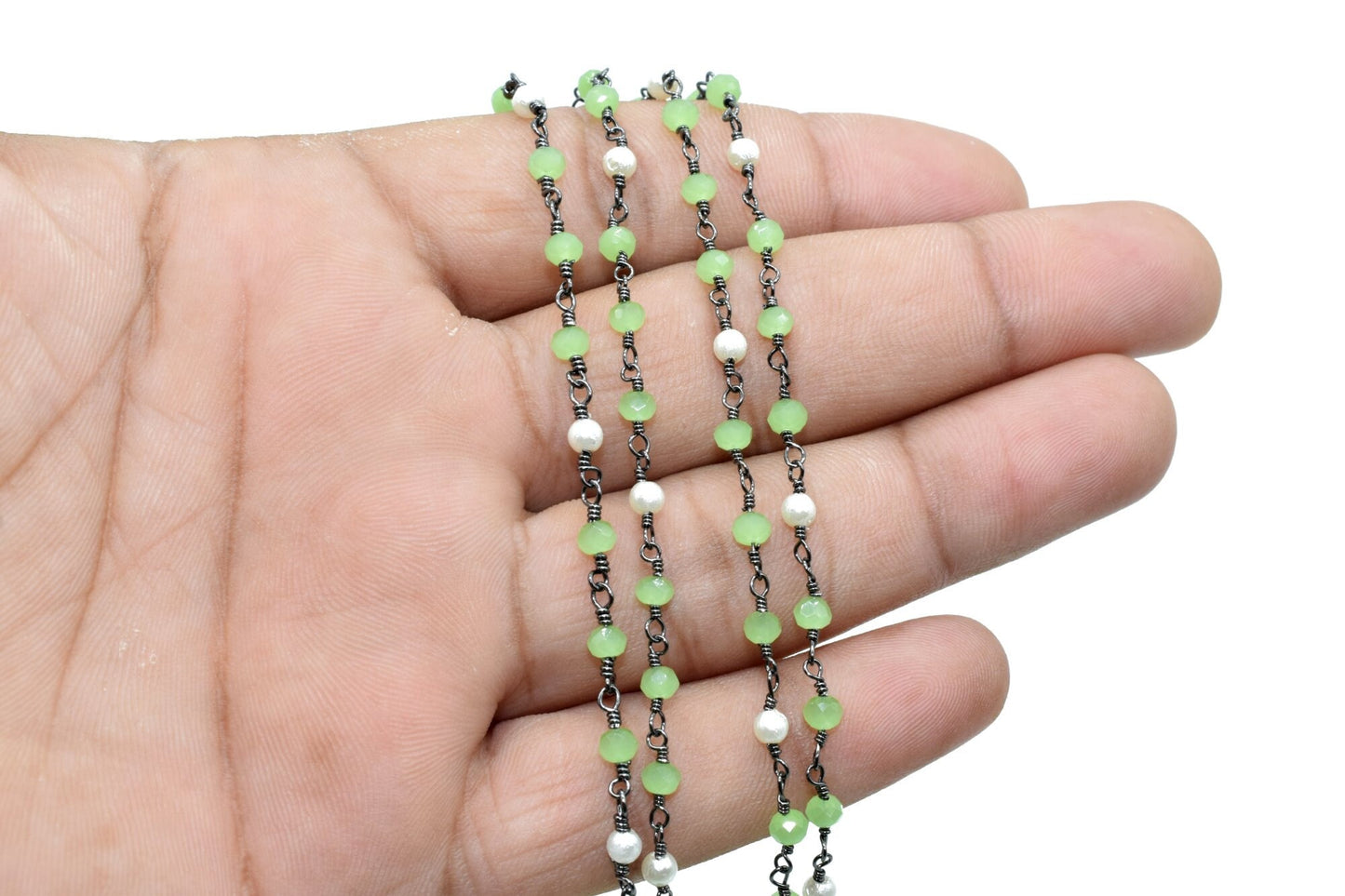 CHrysoprase faceted Rosary Style Beaded Chain -Chrysoprase 3mm Beads wire wrapped chain ,Gold Rosary Long Layering Necklace,pearl rosary