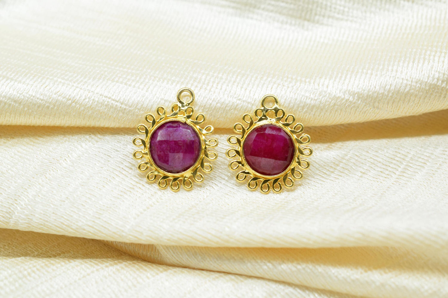 Natural Ruby 10mm Round Bezel Charm,Gemstone Brass Component,Single Bail Pendant,Round Faceted charms,Handmade Jewellery Connector,Gift