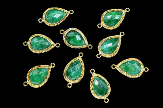 Emerald 9x13mm Gemstone Connector,Pear Shape Bezel,Emerald Gemstone Single Bail Connectors Jewelry,Gold Plated Charms Connectors,Charms Gift