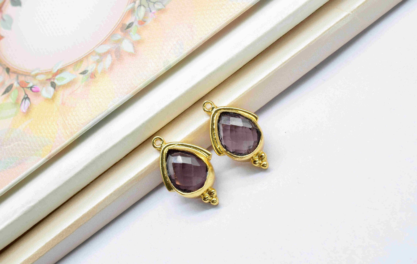 Amethyst 9x13mm Bezel Connectors,Amethyst Quartz jewelry making charm,Single bail connnectors,Amethyst Teardrop,Handmade Gemstone Bezel