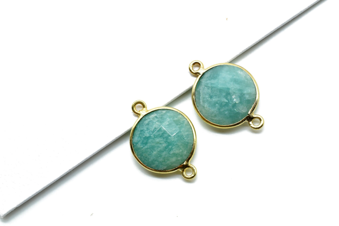Amazonite 14mm Round double loop Connectors,Brass Gold Plated bezel,Amazonite Pendant,Amazonite Coin shape Links,Jewelry Making Findings