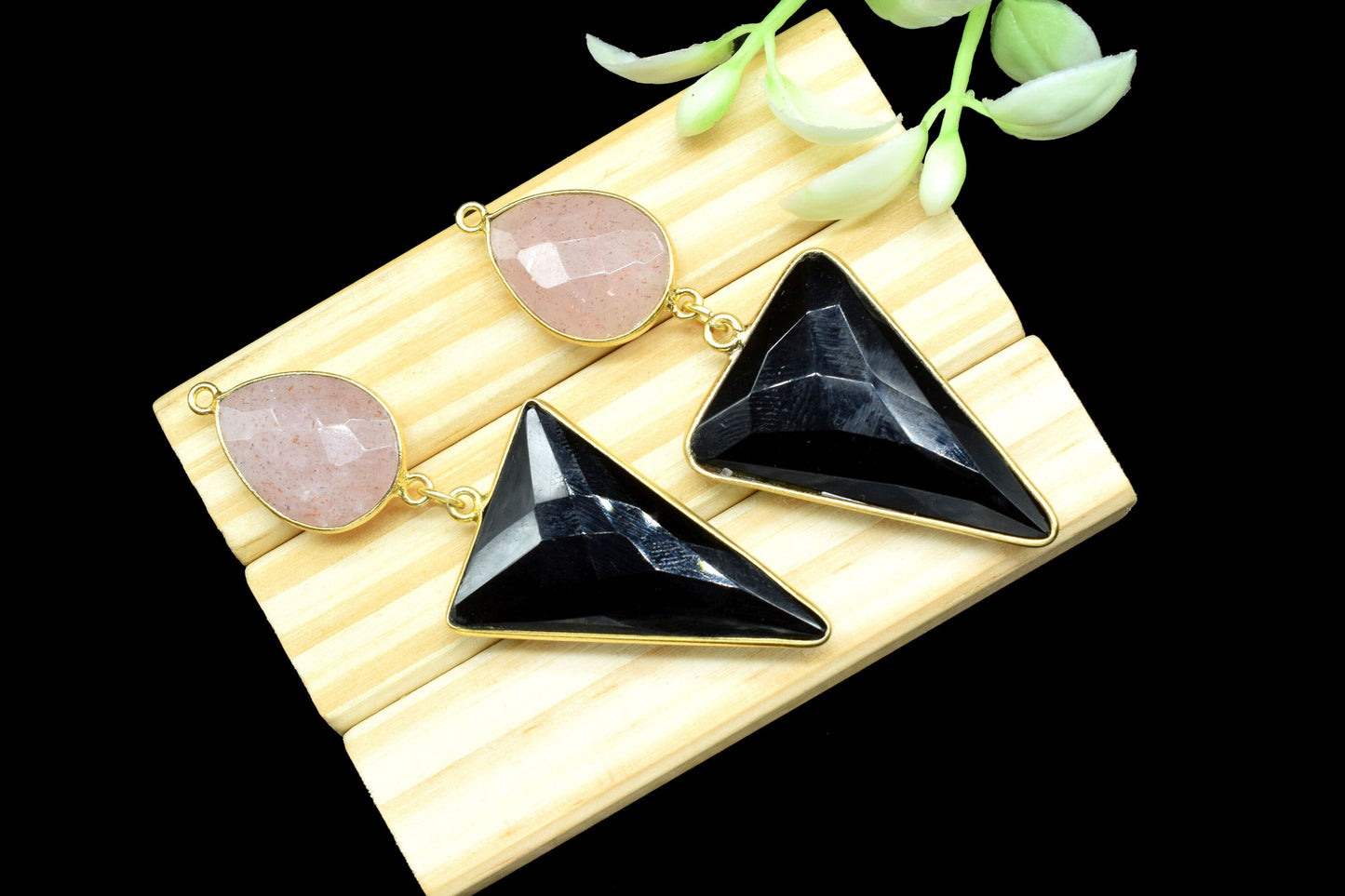 Black Onyx Dangle pendant Charms,Peach Moonstone Connectors,Handmade jewelry,Component pendant,Station Link,Multi Gemstone Dangle Earrings