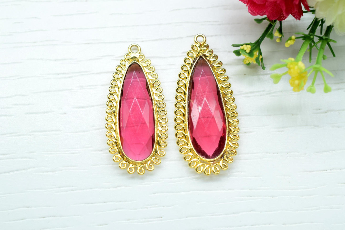 Pink Tourmaline 10x30mm Teardrop Bezel Charm,Single Bail Pendant,Handmade Jewellery Connectors,Gemstone Brass Component,Handmade Connector