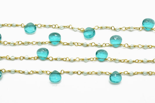 Aqua chalcedony,Apatite 2mm Beaded & Heart shape Chain,Beaded Wire Wrapped Gemstone Beads,Faceted Rosary Chain,Gemstone rosary style chains