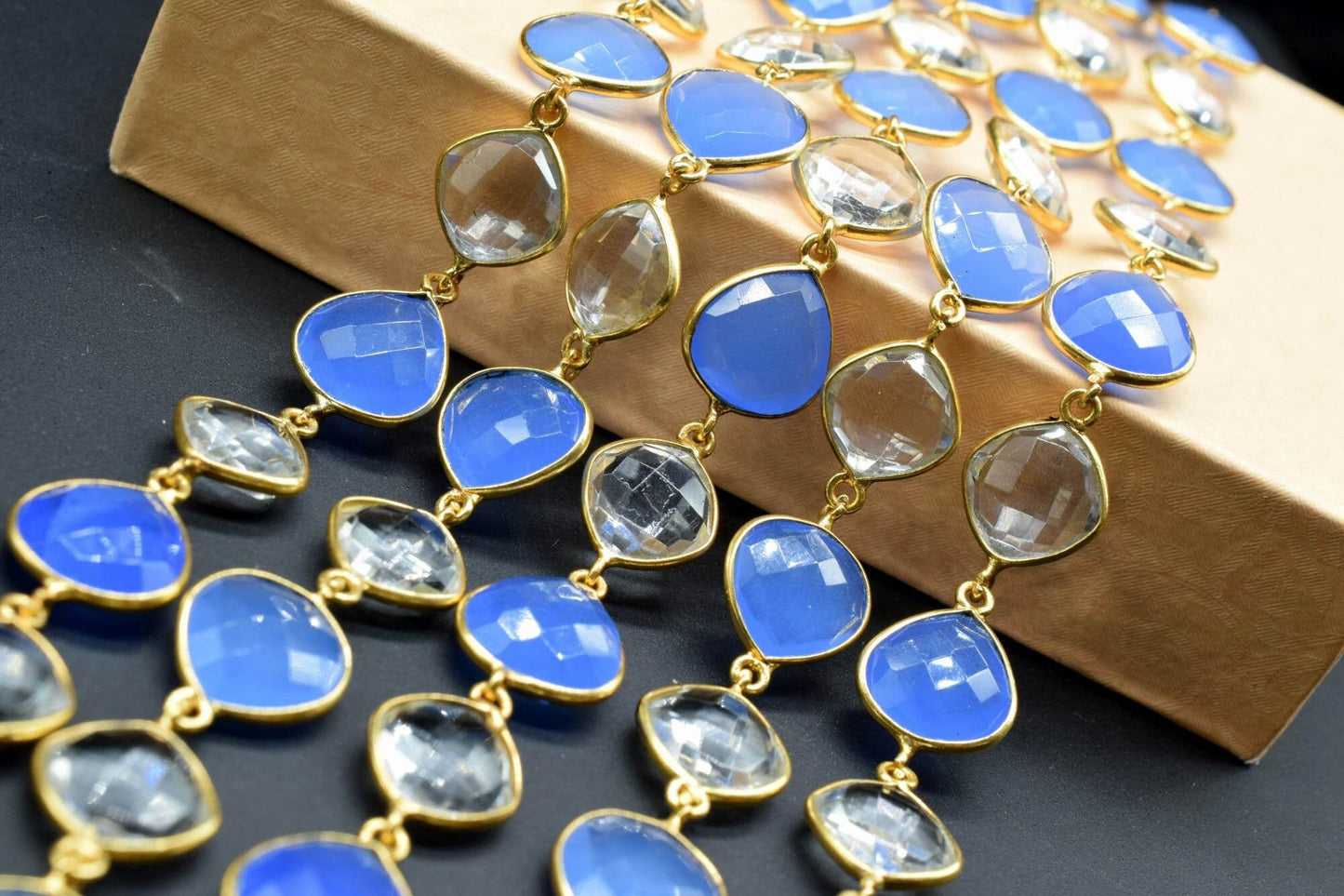 Blue chalcedony & Crystal Bezel Chain I Handmade Bezel Link Chain I Chalcedony Gold Plated Bezel Chain,,Gemstone Connector Chain Per Foot