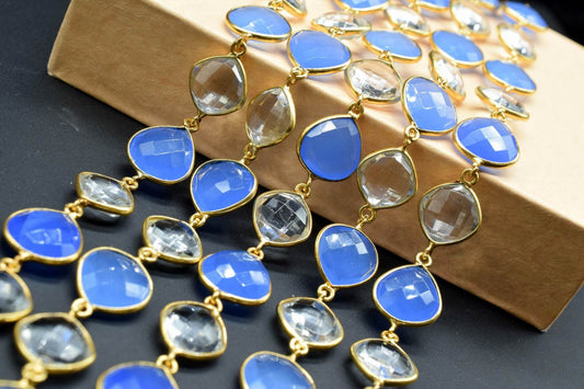 Blue chalcedony & Crystal Bezel Chain I Handmade Bezel Link Chain I Chalcedony Gold Plated Bezel Chain,,Gemstone Connector Chain Per Foot