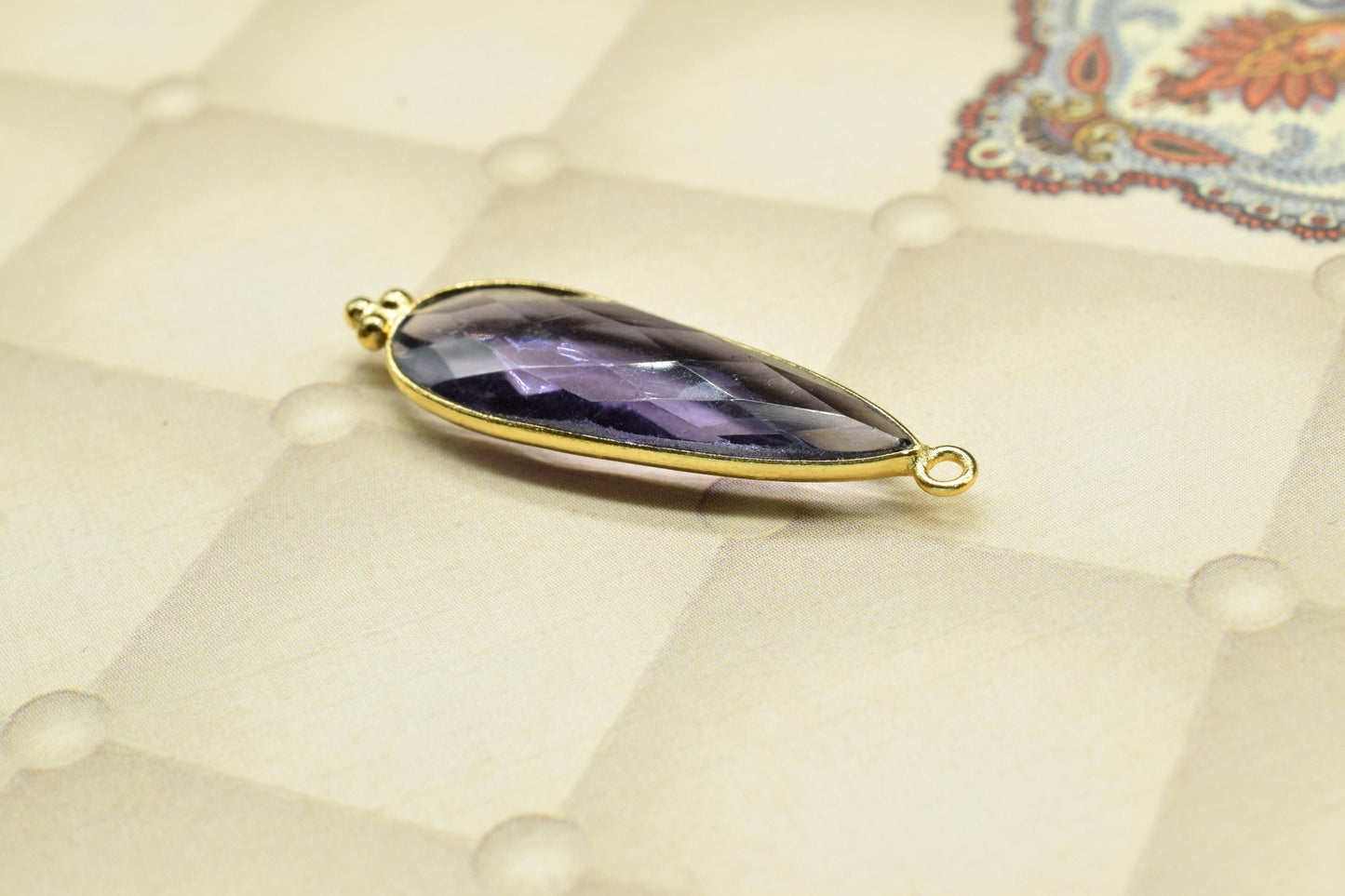 Amethyst 10x30mm Bezel charm,Station Bezel Link Supplies,Amethyst Jewelry Making,Brass Connector Pendant,Gemstone Teardrop Amethyst Pendant