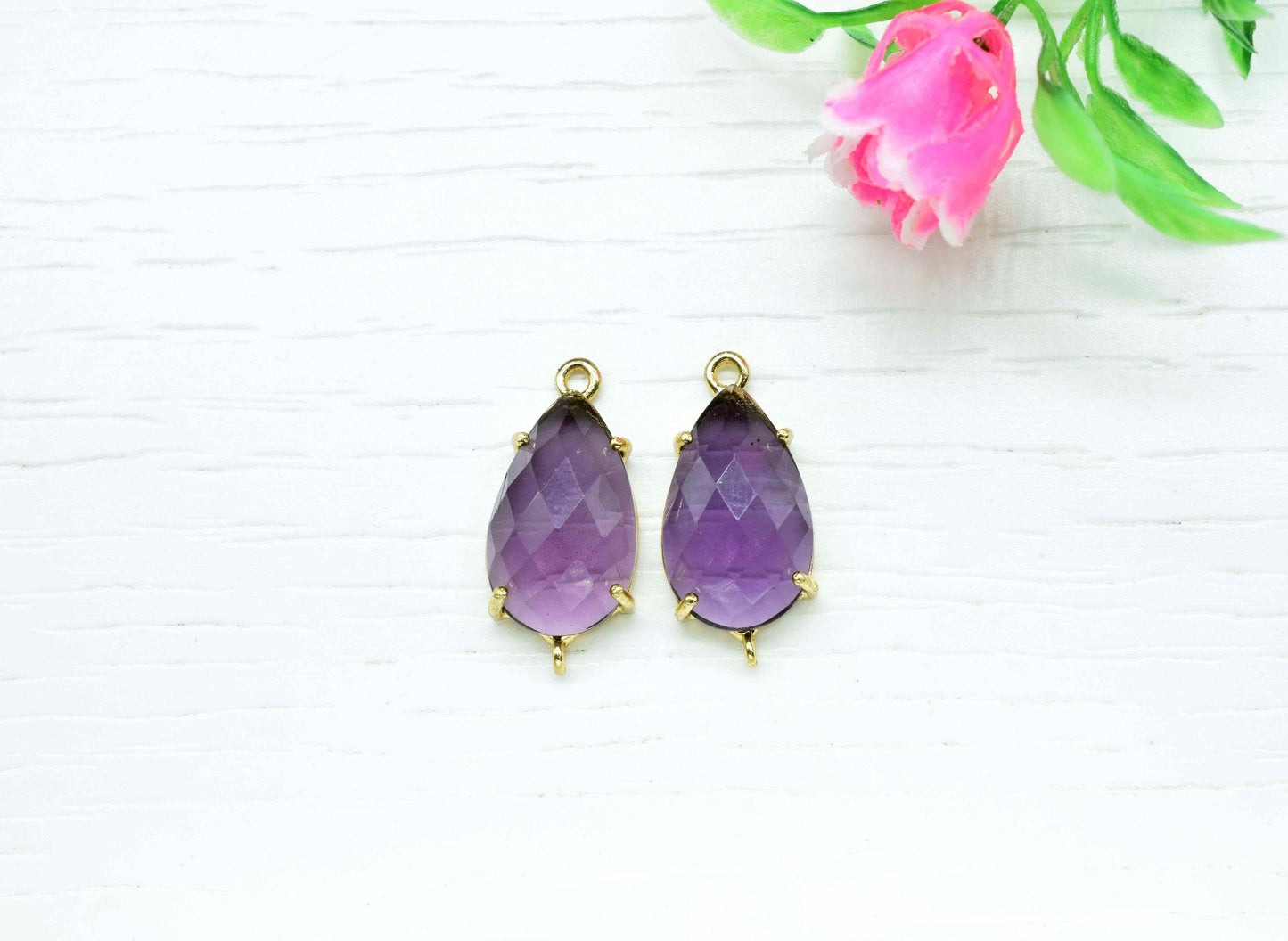 Amethyst Connector,Amethyst jewelry meking,12x20mm Teardrop Bezel,double bail connectors,Prong Set Bezel Pendant,Handmade Gemstone Bezel