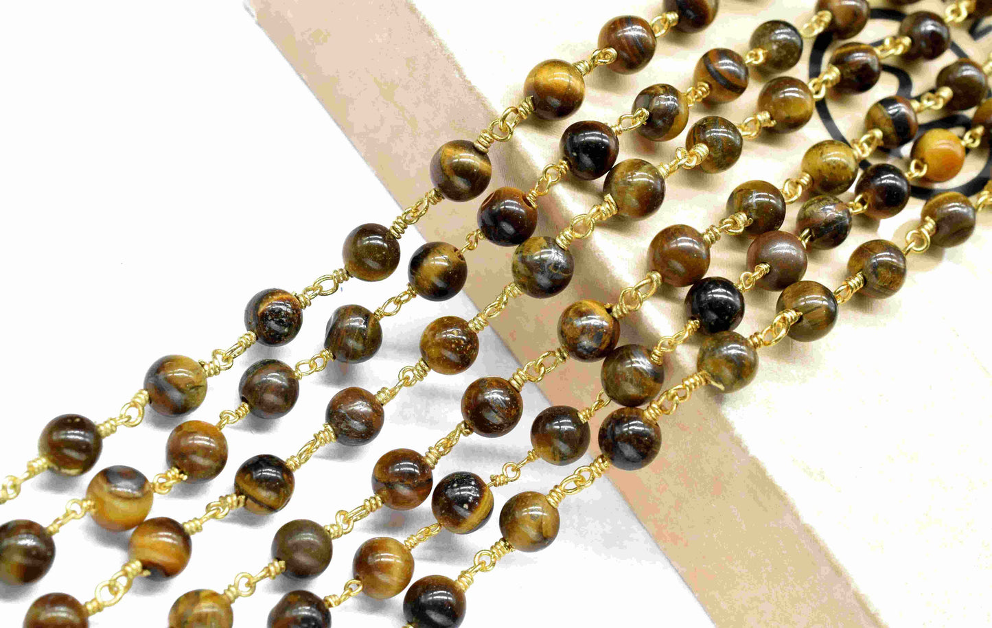 Tiger Eye Gemstone Beads Rosary,Gemstone Craft Supply Rosary,Handmade Bead Chain,Tiger Eye Gold Plating 6mm Wire Wrapped Smooth Beads Chain