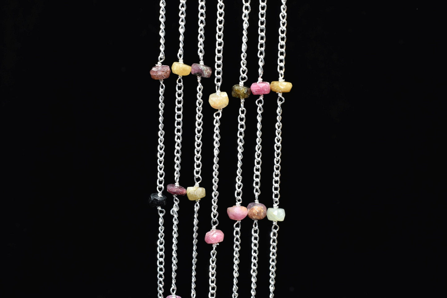 Multi Tourmaline Beads Rosary,Silver Plated,Wire Wrapped link Stone Rosary Chain,Round Faceted Bead,Craft Supply Rosary,Handmade Beads Chain
