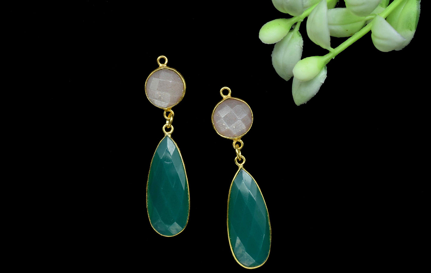 Green Onyx Dangle pendant Charm,Multi Gemstone Dangle Earring,Peach Moonstone pendant Connector,Handmade Station Link,Component Jewelry Gift