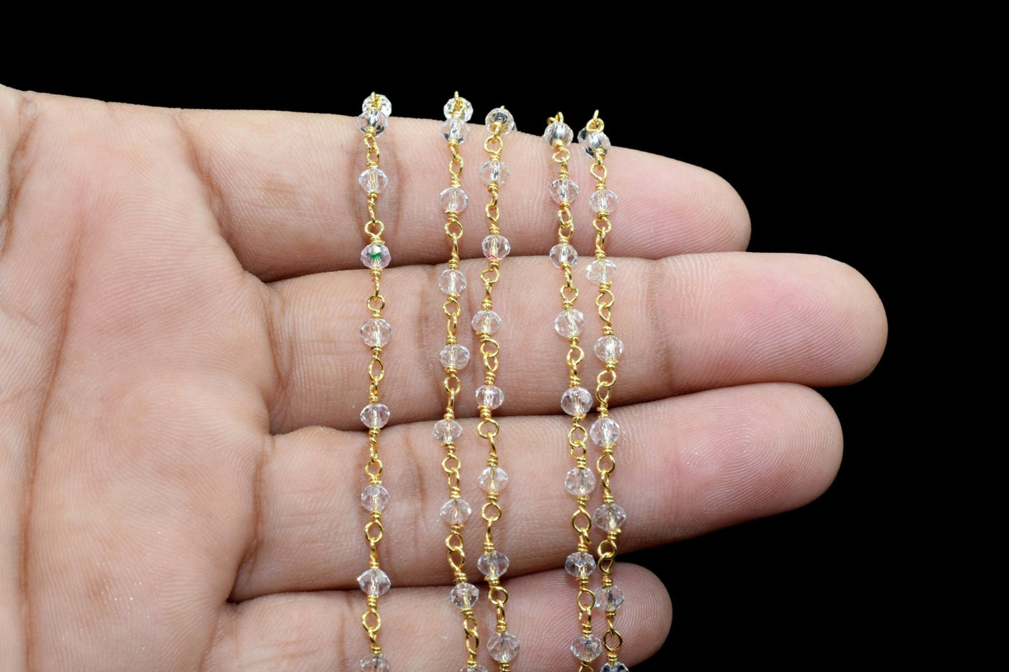 Crystal Quartz 3mm Beaded Chain,Rosary,Crystal Quartz Wire Wrap Chain,Crystal Quartz Brass chain Jewelry Making Chain,Crystal Quartz Rosary