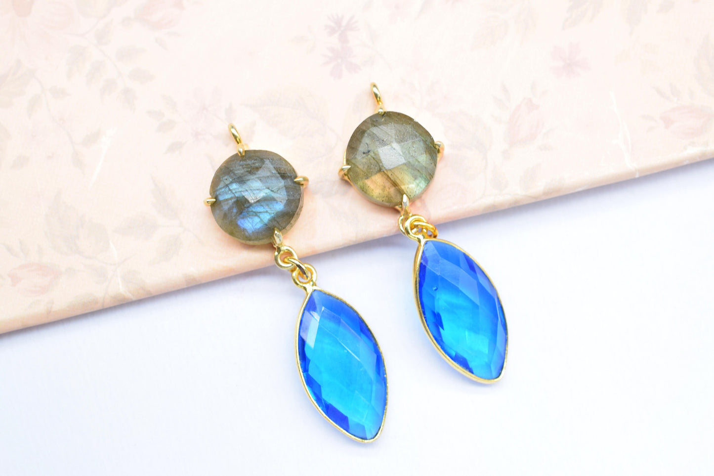 Labradorite Prong Bezel Charms Connector/Blue Topaz Jewelry/Earring Connector/Station Bezel Link Pendant/Handmade Jewelry/Women Jewelry/Gift