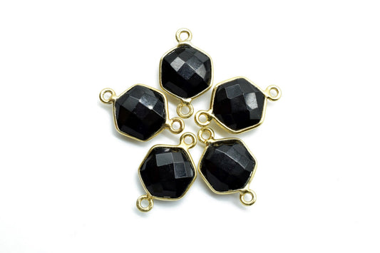 Black onyx 10mm Hexagon Shape Pendant,Gold Plated double Bail Gemstone Connector,Faceted Hexagon Shape Gemstone Bezel,Onyx Hexagon Charms