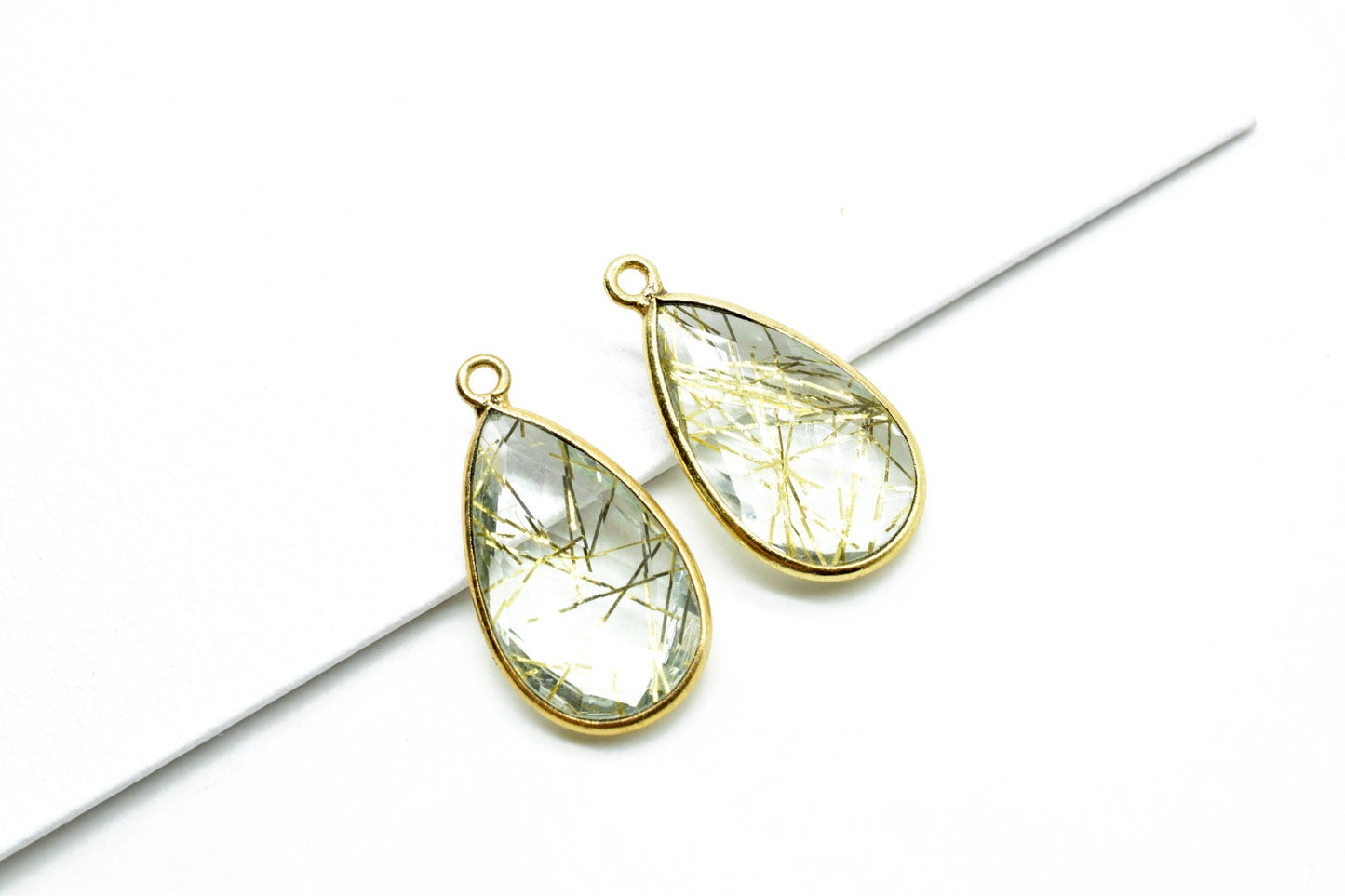 Golden Rutile 12x20mm Pear shape charm,Rutile Pear pendant,Rutile Gold Plated bezel,jewelry making charms craft,Birthstone charms,Rutile