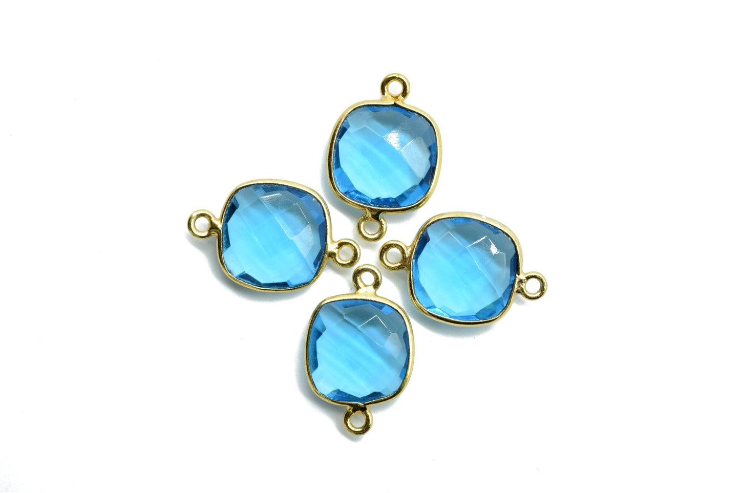 London Blue Topaz 12mm Cushion Shape Charms,Gold Plated Double Bail Gemstone Connector,Faceted Cushion Shape Gemstone Bezel,Cushion Charms
