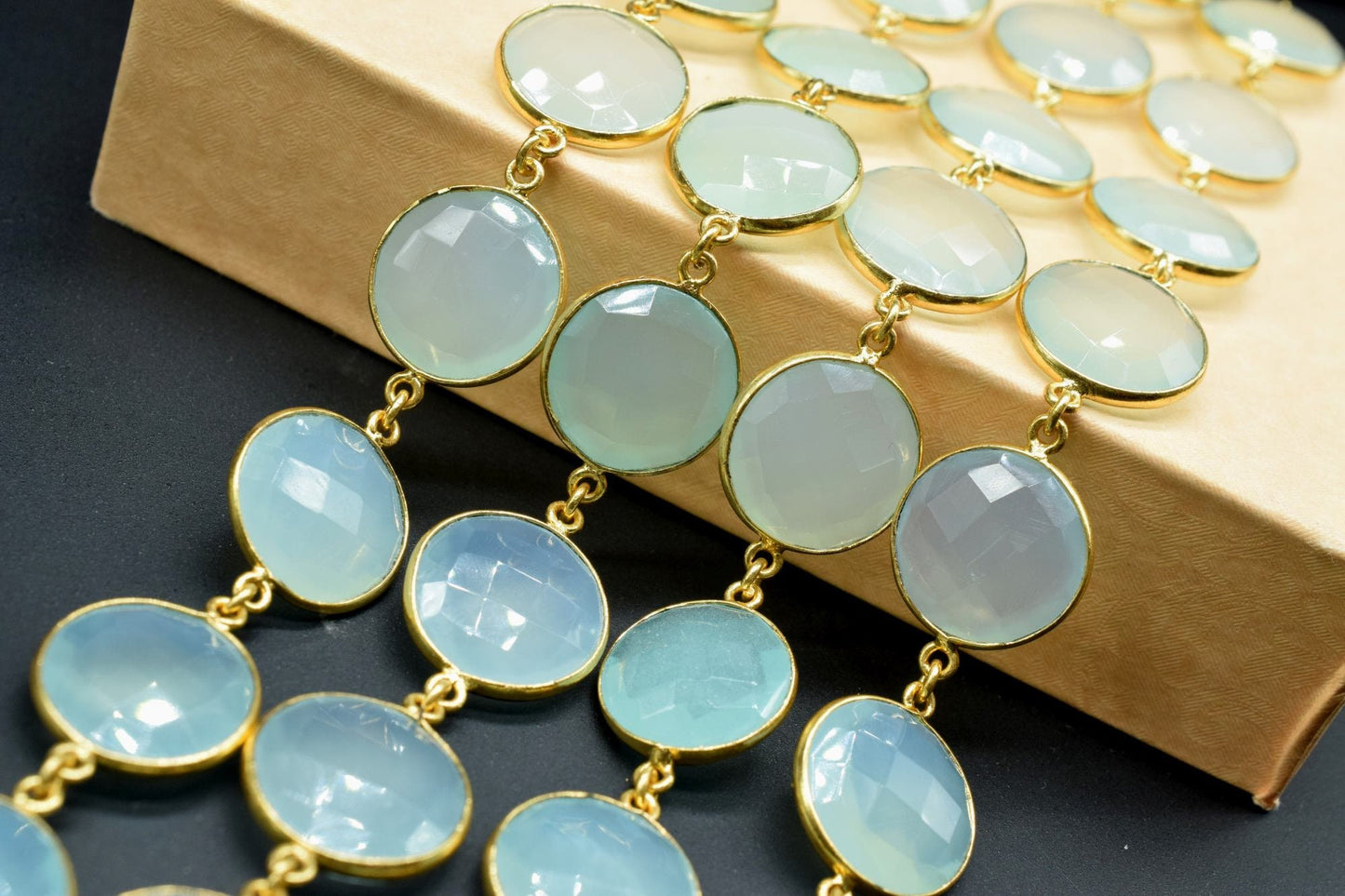 Aqua Chalcedony Round Connector Chain,Chalcedony Gold Bezel Connector Chain,Round Aqua Chalcedony Faceted Gemstone,Gold Plated Rosary Chain