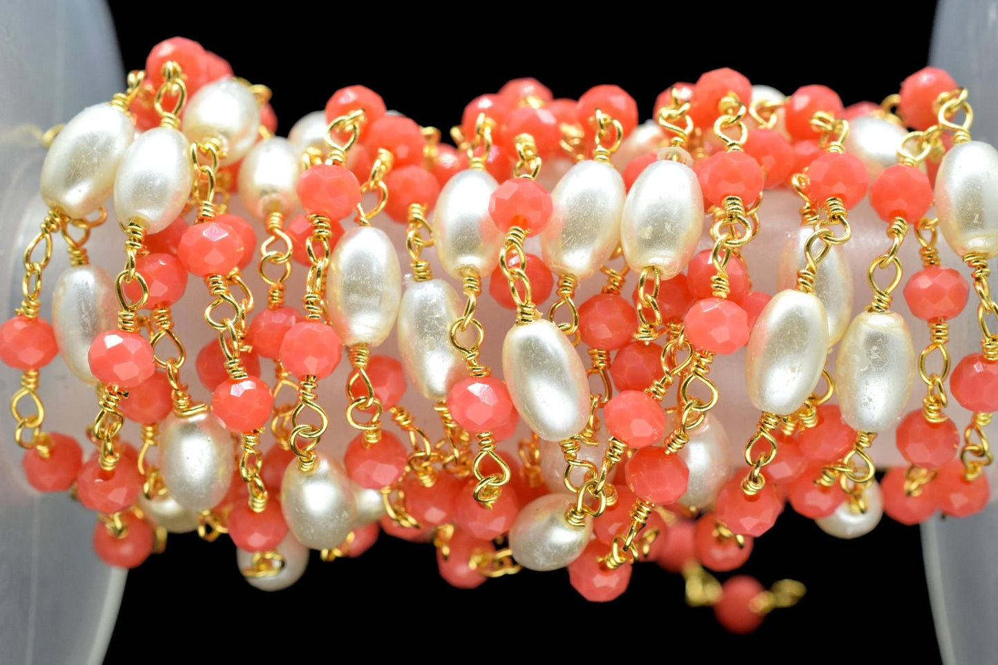 Red Coral Hydro Faceted Rondelle Beaded Rosary Chain,Finding Wire Wrap Chain,Pearl Rosary Chain,Gold Plated Rosary Chain,Jewelry Making Gift