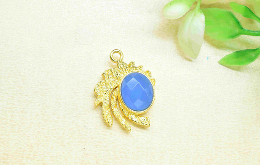 Blue Chalcedony  Pendant , Gemstone Handmade Pendant , Bulk Gemstone Pendant , Gold Plated Connectors ,Single Bail Gemstone Connector Charm