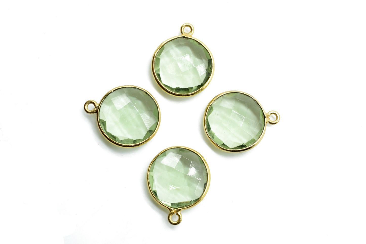Green Amethyst 14mm Round charm,Brass Gold Plated bezel,Green Amethyst single Bail Pendant,February Birthstone Coin Links,Jewelry Findings