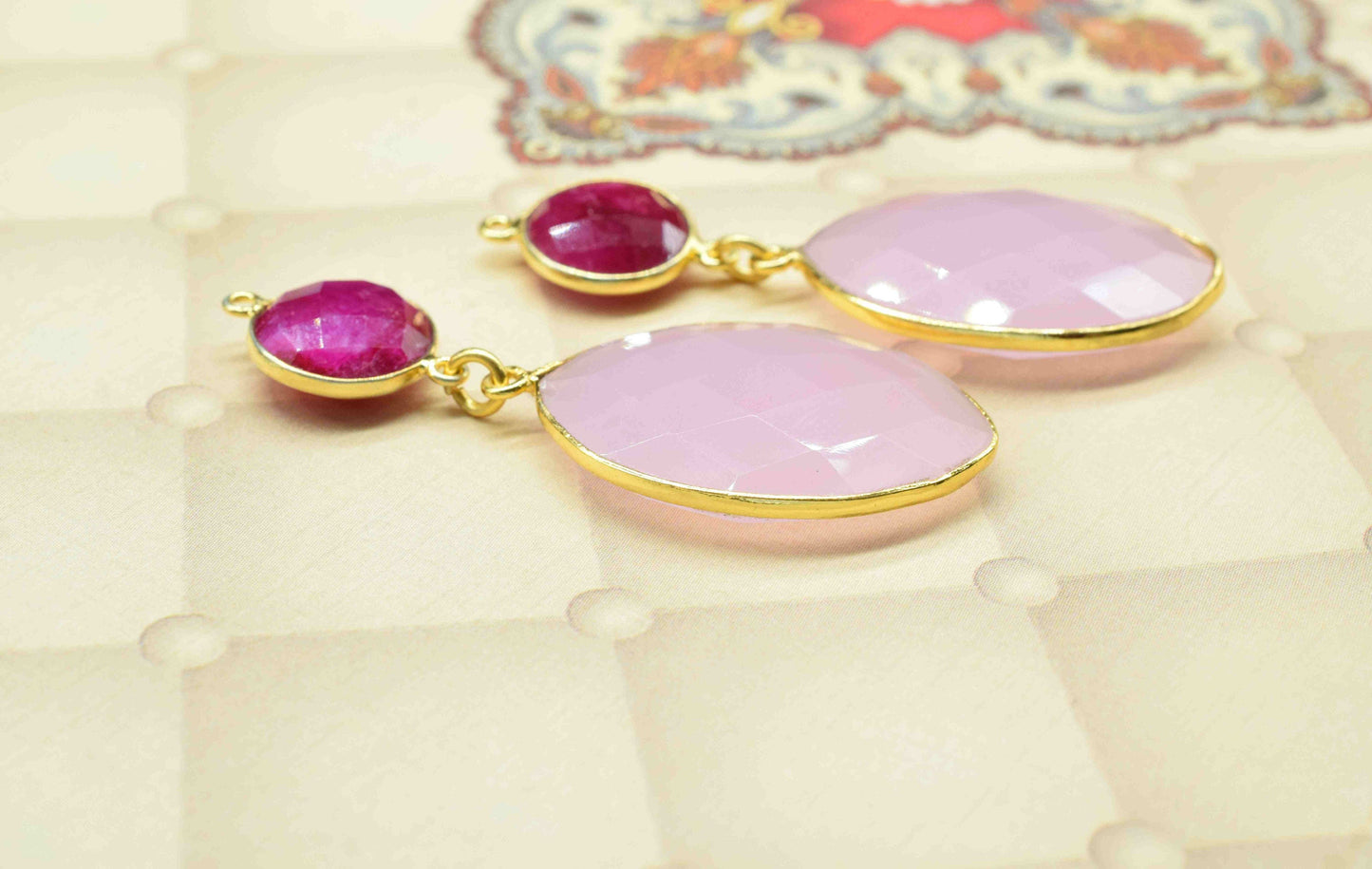 Rose Quartz Dangle pendant Connector,Handmade jewelry,Ruby pendant Charms,Component pendant,Station Bezel Link,Multi Gemstone Dangle Earring