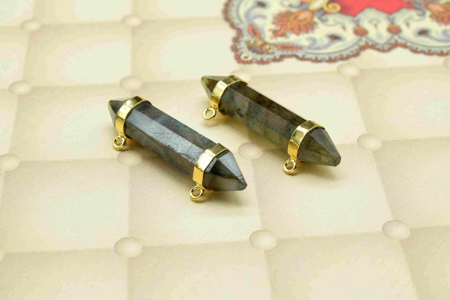 Labradorite 10x40mm Point Pendant,Double Bail Pendant with Electroplated Gold Band,Labradorite Bullet Pendant,Gemstone Double Bail Necklace