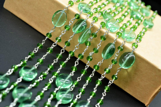 Green chalcedony Smooth Oval Shape Chain, Silver Wire Plated Rosary Beaded Chain,Chain Per Foot,Gemstone Beads,Topaz Rosary Beaded Chain