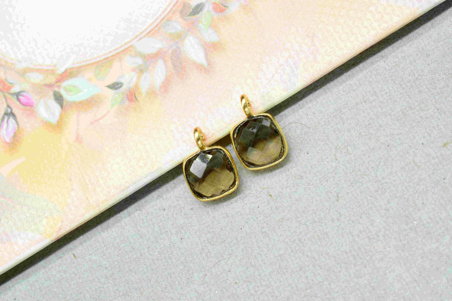 Smokey Quartz 6mm Cushion Shape Component,Gemstone Single Bail Connectors,Finding Cushion Shape Pendant,Gold Plated Earrings,Jewelry Making