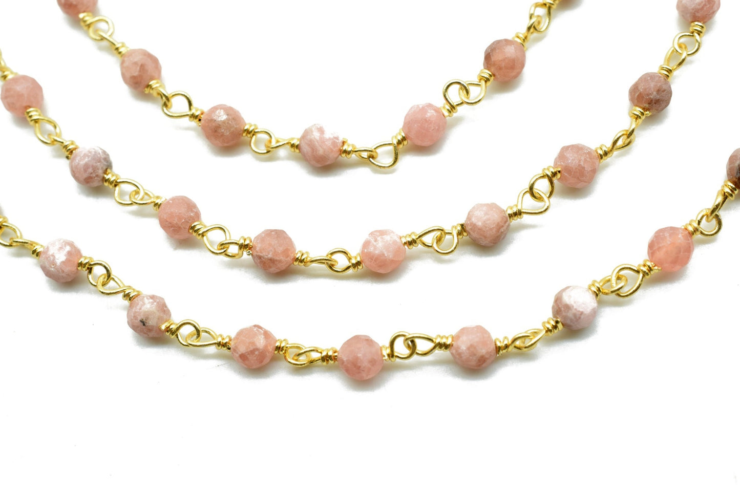 Rhodochrosite 3mm Beaded Chain,Gold Plated Wire Wrapped Rosary Chain,rhodochrosite beaded chain, stone links,antiqued gold finish rosary