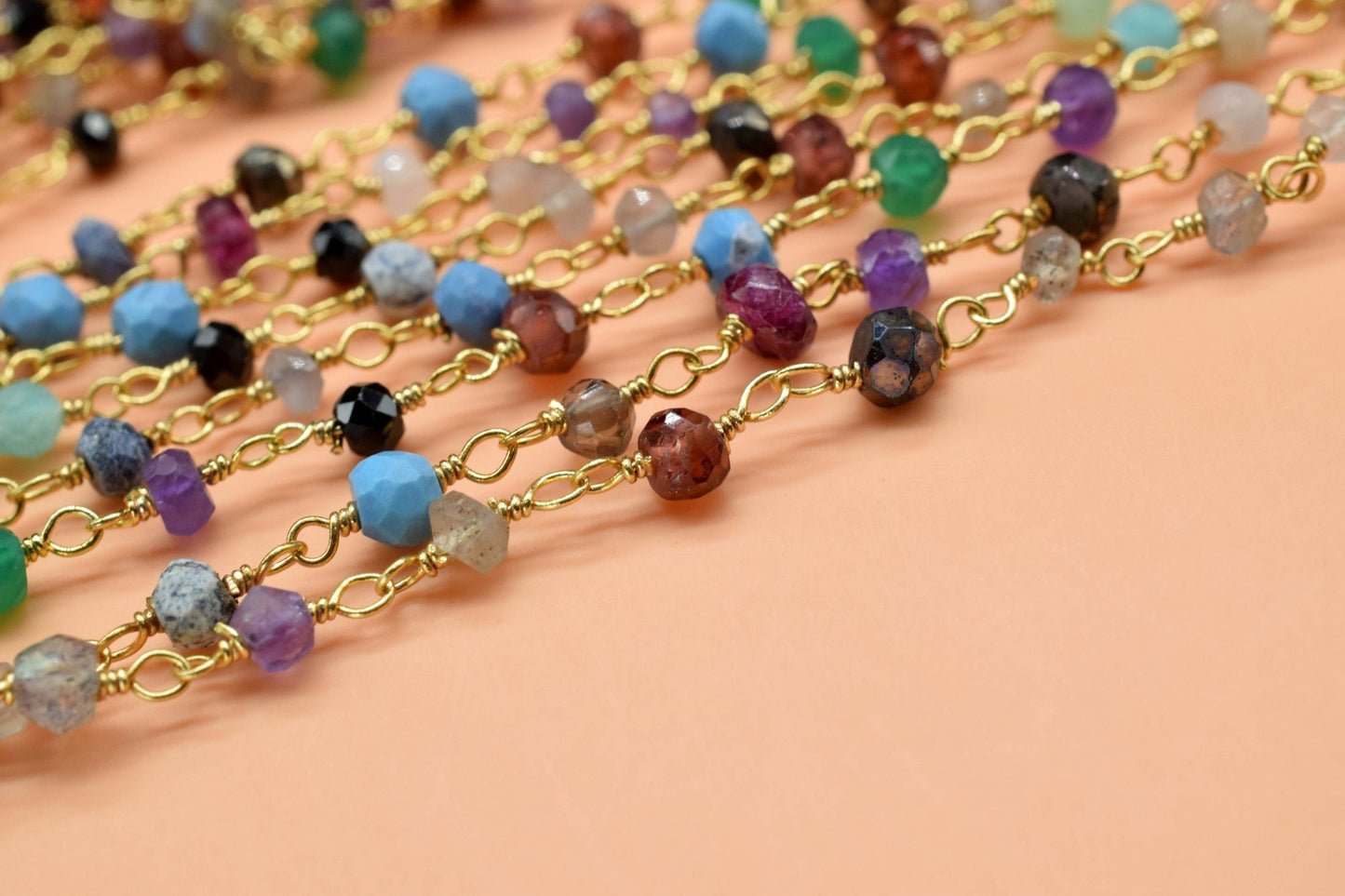 Rosary Beaded Chain Multi Disco Faceted Rondelle beaded chain,multi gemstone rosary,gold plated beaded chain,Wire Wrapped Beaded Chain,