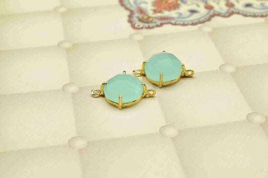 Aqua chalcedony Round Connector,double bail connector,Aqua Quartz Beads jewelry,Handmade Gemstone Bezel,Aqua Quartz Prong Bezel Charms,Gift