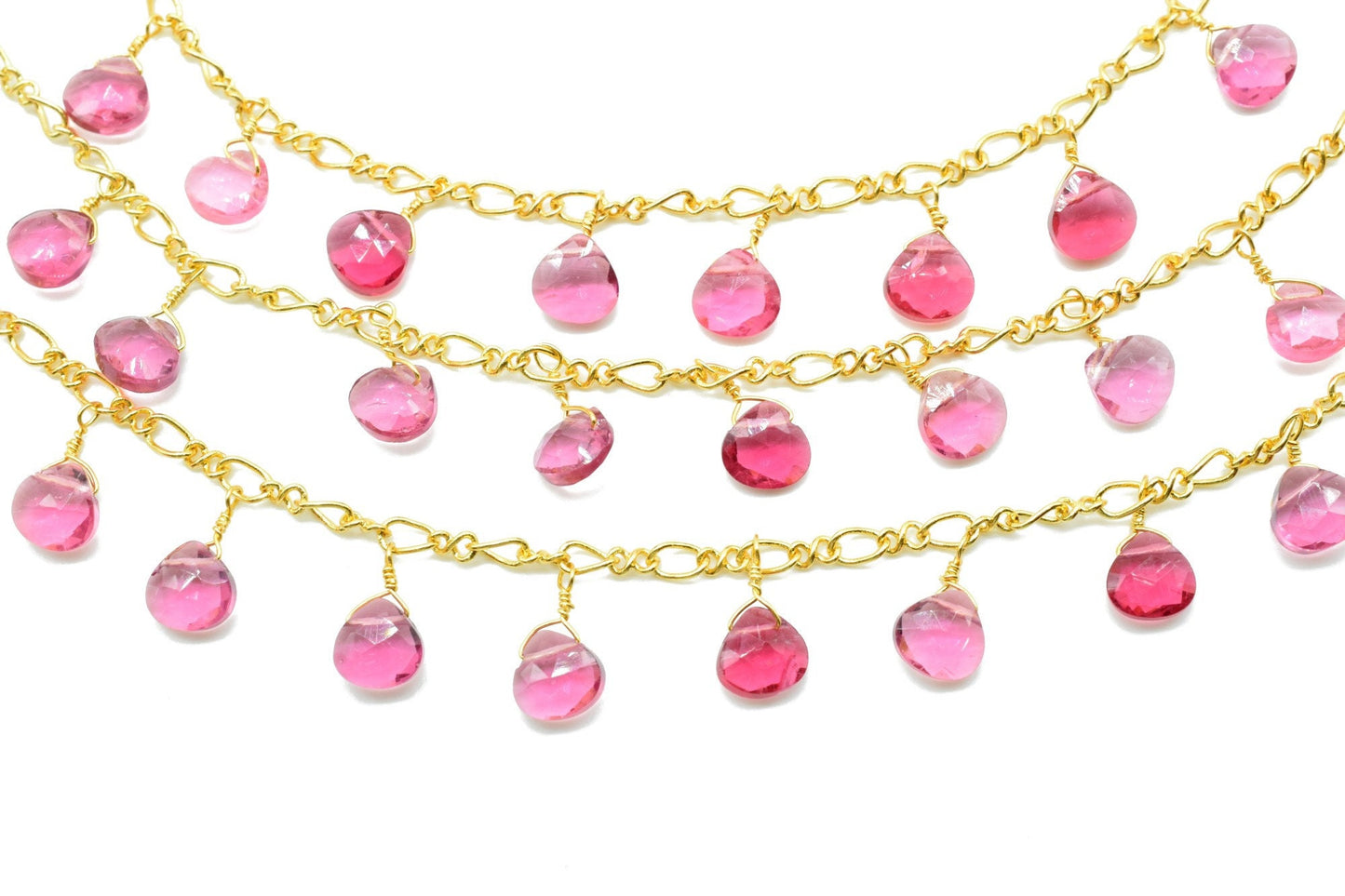 Pink Tourmaline 6mm Heart shape Briolette Chain,Beaded Wire Wrapped Fuchsia Diamond Cut Gemstone Bead,Faceted Rosary Chain,Gems Rosary Style