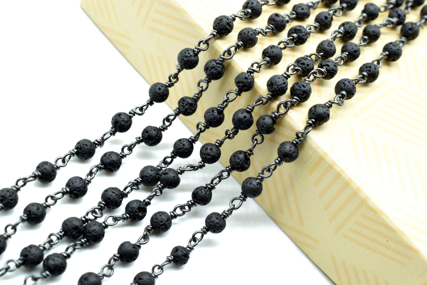 Black Lava Rock 4mm Round Beaded Wire Wrapped Black Polished Plated Chain -Beaded Chain,Black Lava Rosary Chain,Delicate Rosary Beaded Chain