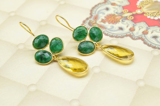 Natural Emerald Dangle Earrings,Multi Stone Dangle Earring,Statement Earring,Handmade Jewelry,Citrine Drop Earrings,Gemstone Bezel Earring