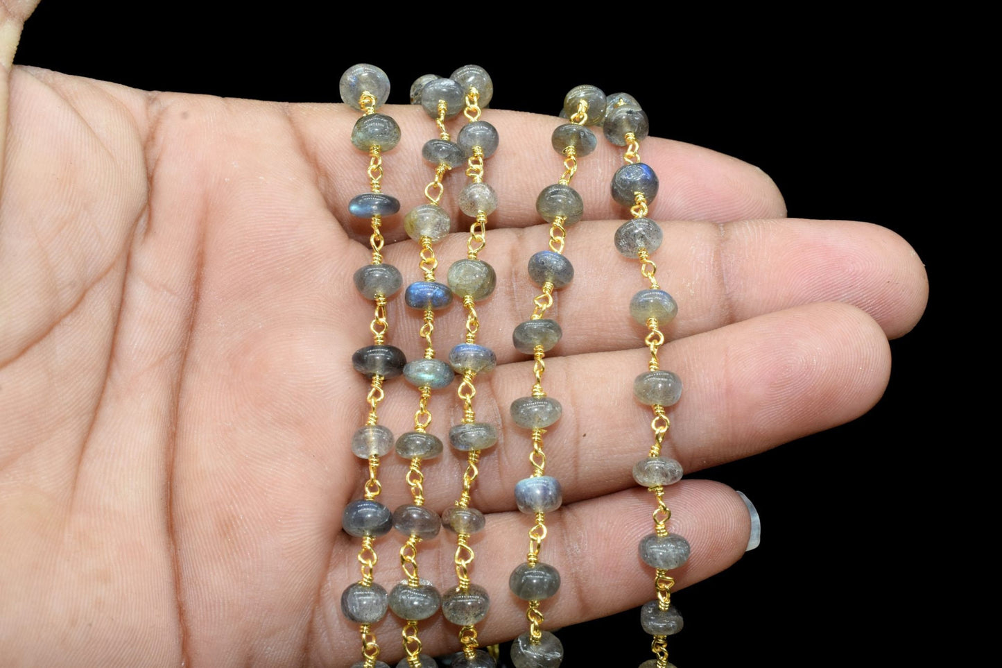 Labradorite 6mm Smooth rondelle Beaded Chain,Labradorite Gold Rosary Chain,Gemstone Chains By the Foot for Rosary Necklace,Rosary Roll Bulk