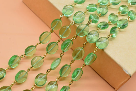 Natural Green Amethyst Smooth Rosary Beaded Chain, Green Amethyst Wire Wrapped Rosary Chain, Natural Green Amethyst Gemstone Beaded Chain