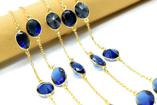 Blue Sapphire Bezel Chain I Handmade Bezel Link Chain I Gold Plated Bezel Link Chain I Brass Gold Overlay Chain,Sold By Foot,Necklace Chains