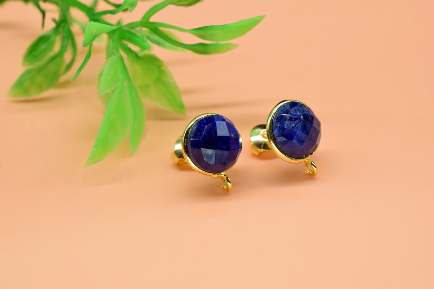 Blue Sapphire 10mm round Earring Connector,DIY Jewelry Making,Blue Sapphire post studs,Gold Plated Earring Connector,Gemstone Link Connector