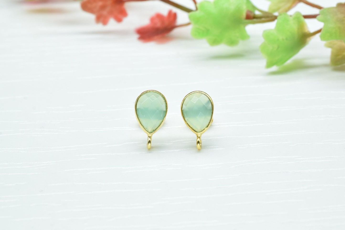 Aqua chalcedony7x10mm Teardrop shape Earring connector Stud post setting with loop open bail, Aqua chalcedony Gold Plated Earring With Loop