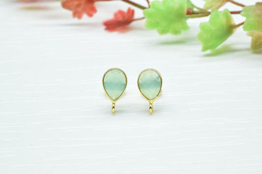 Aqua chalcedony7x10mm Teardrop shape Earring connector Stud post setting with loop open bail, Aqua chalcedony Gold Plated Earring With Loop