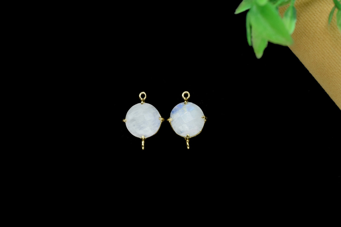 Rainbow Moonstone Round Connector,double bail connector,Rainbow Beads jewelry,Handmade Gemstone Bezel,Moonstone Prong Bezel Charms Gift for